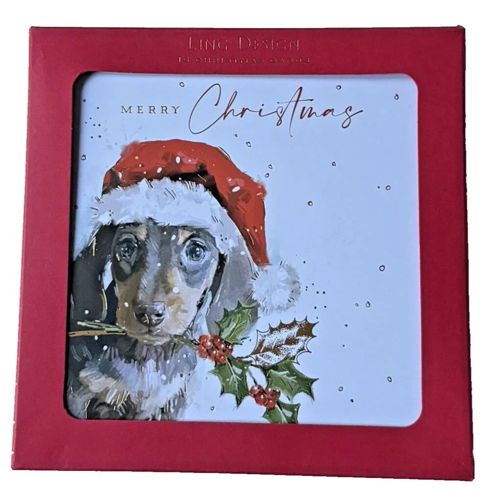 Ling Design Luxury Christmas Cards Dacshsund Santa Hat Dog Holly Ivy Set of 16
